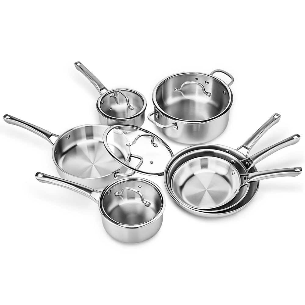Winado - 11-Pcs Stainless Steel Cookware Set with Frying Pans & Saucepans & Saute Pan & Stockpot & Glass Lids for Kitchen Cooking - Silver