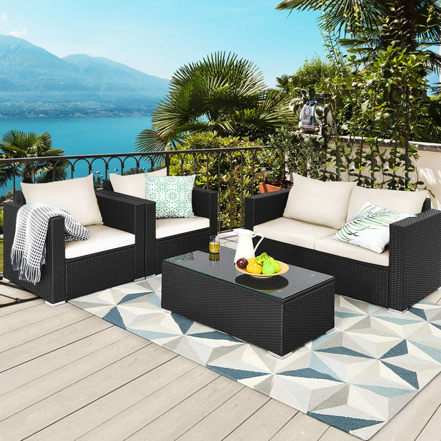 Front. Gymax - Gymax 4PCS Rattan Patio Conversation Set Outdoor Furniture Set w/ Off White Cushions - Off White.