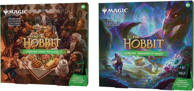 MAGIC THE GATHERING  
6 SCENE CARDS  
3 PLAY BOOSTERS  
6 ART CARDS & DISPLAY EASEL  
13+  

THE HOBBIT  
SCENE BOX - CRACK THE PLATES  

COMBINE 6 BORDERLESS CARDS TO MAKE THIS SCENE!  

MAGIC THE GATHERING  
6 SCENE CARDS  
3 PLAY BOOSTERS  
5 ART CARDS & DISPLAY EASEL  
13+  

THE HOBBIT  
SCENE BOX - TREASURES OF SMAUG  

COMBINE 6 BORDERLESS CARDS TO MAKE THIS SCENE!