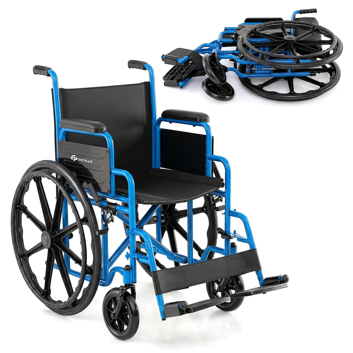 GOPLUS - Lightweight Folding Wheelchair for Adults with Swing-Away Footrest & Desk Arm - Blue+Black