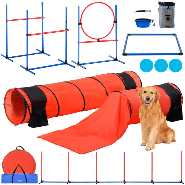 Front. VEVOR - Dog Agility Training Equipment, 7 PCS Set Upgrade w/ Adjustable High Hurdles,6 Weave Poles,2 Tunnels - Red，Blue,Orange,Black.