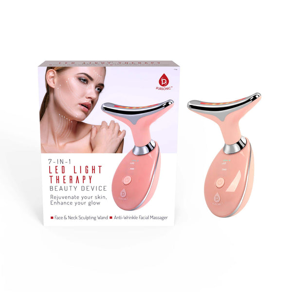 Pursonic - 7-in-1 LED Light Therapy Beauty Device - Red Light Therapy Face & Neck Sculpting Wand - Pink