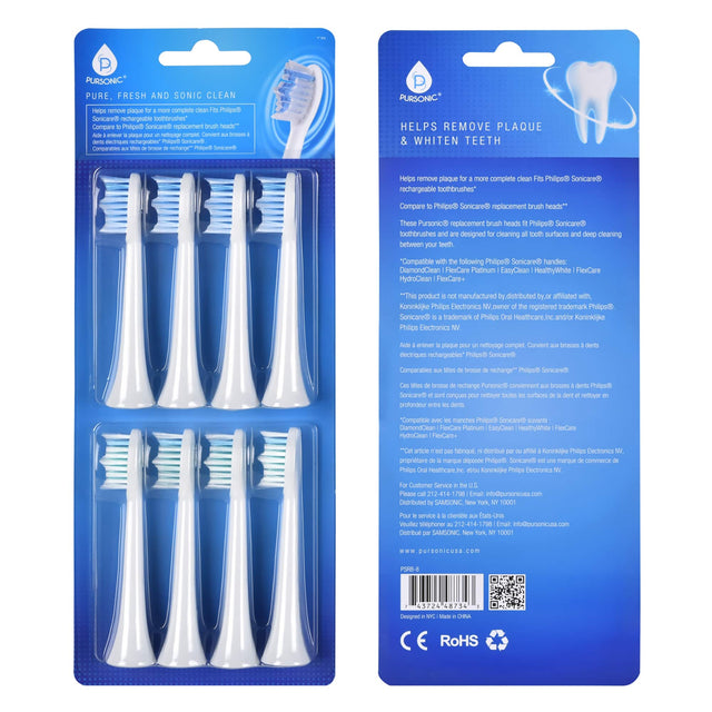 PURSONIC PURE. FRESH AND SONIC CLEAN Helps remove plaque for a more complete clean Fits Phillips Sonicare® rechargeable toothbrushes. Compare to Philips Sonicare® replacement brush heads. These Pursonic replacement brush heads are designed for deep cleaning between your teeth. Compare to the following Philips Sonicare® handles: DiamondClean FlexCare Platinum, EasyClean, HealthyWhite FlexCare, HydroClean FlexCare+. This product is not manufactured by, distributed by, or affiliated with Koninklijke Philips El