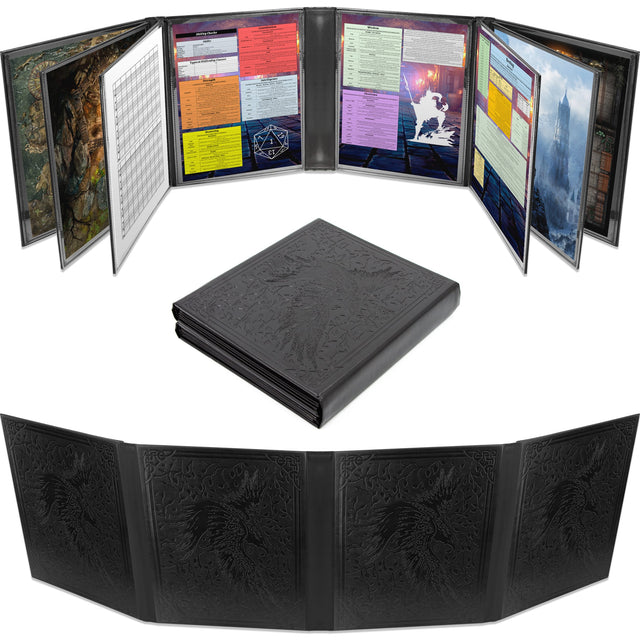 Front. CASEMATIX - XL 12-Panel Faux Leather DM Screen with 4 Swing Panels, Wet-Erase Pockets for TTRPGs, Black.
