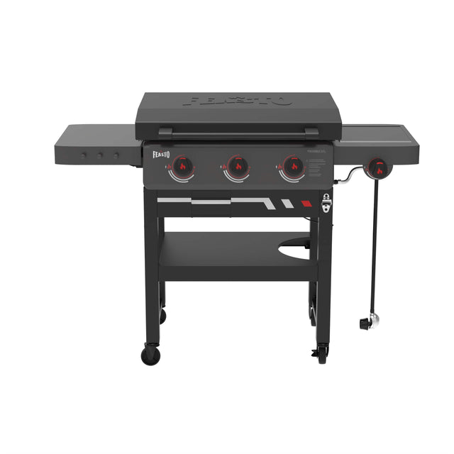 Front. FEASTO - 28-Inch 3-Burner Propane Gas Griddle with 13,000 BTU Side Burner and Hood - Black.