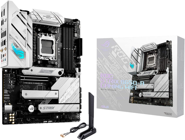 The image features a white and black computer tower, which is a part of the Strix B650 gaming system. The tower is accompanied by a black antenna, and the entire setup is displayed in a box. The box also contains a CD, which is likely a part of the gaming system setup. The Strix B650 gaming system is designed to provide an enhanced gaming experience with its powerful components and advanced features.