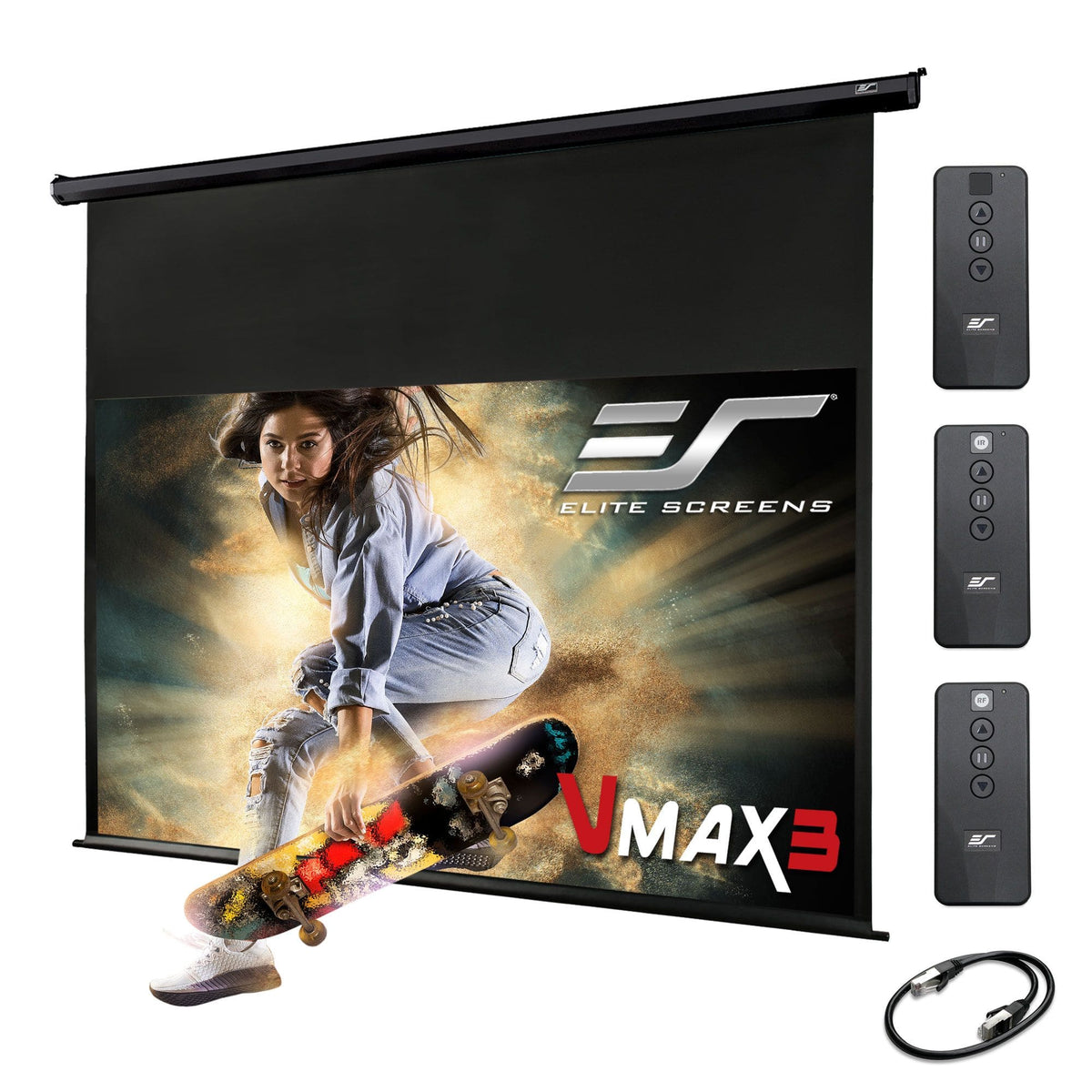 Elite Screens - VMAX3,150"Diag,16:9, Electric MatteWhite Wall/Ceiling Mounted Drop-Down 4K ProjectorScreen,VMAX150UWH3-E24 - Black