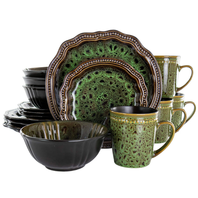 Front. Elama - Elama Jade Waves 16 Piece Stoneware Dinnerware Set in Green - Green.