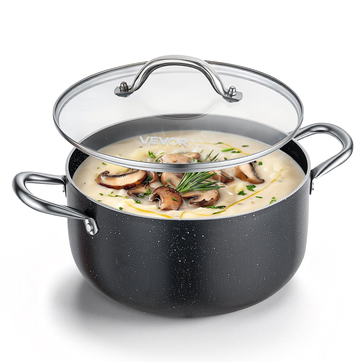 VEVOR - Aluminum Stock Pot, 6-Quart Nonstick Ceramic Coated Pot with Glass Lid, PFOA-Free, PFAS-Free, Compatible with Gas Stoves - Black
