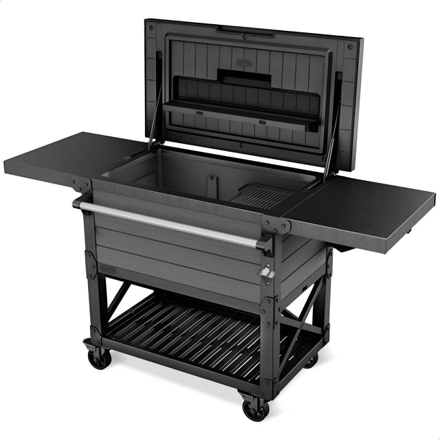 Front. Keter - Keter Outdoor Patio Cooler Chest, 89.8 Qt Beverage Bar Cart w/ Wheels, Graphite - Gray.