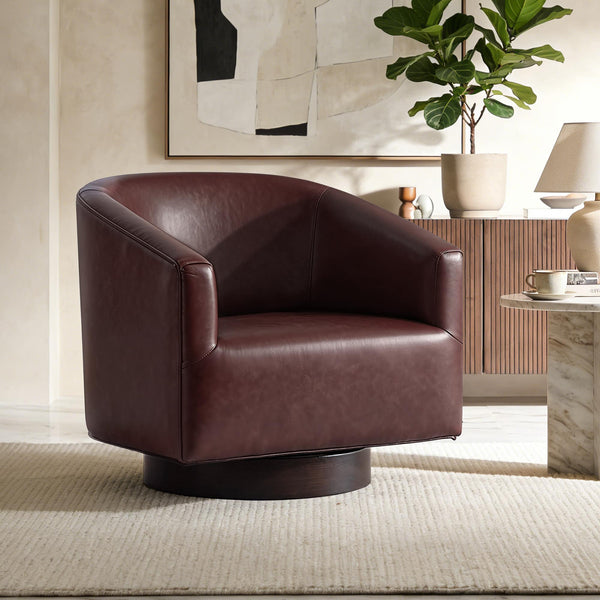 KERDOM - Swivel Single Sofa Side Chair, Living Room Accent Armchair, PU Leather Round Barrel Chair Club Chair, No Assembly Needed - Reddish Brown