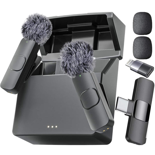 Mini Mic Pro - Wireless Microphone for iPhone, iPad, Android, Lavalier Microphone for Video Recording (with Charging Case) - Charging Case + All iPhones & Androids