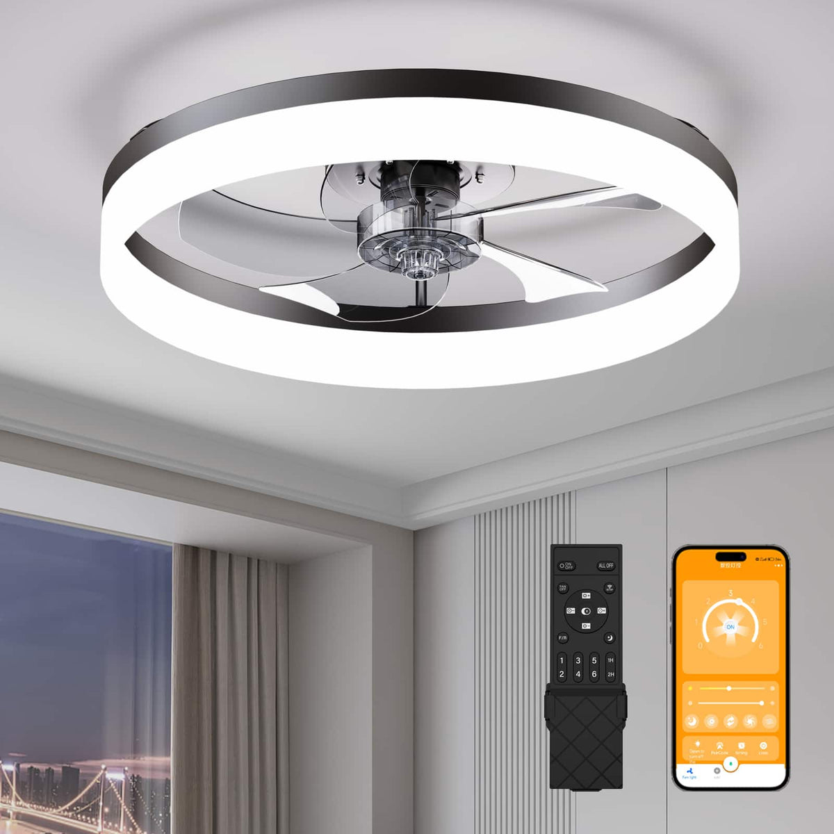 Loheer - Ceiling Fan with Lights, Remote and App Control, Dimmable LED Flush Mount Black Fandelier for Bedroom