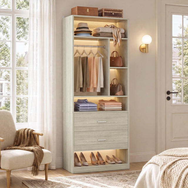 Front. Aheaplus - Freestanding 24" Closet System with 2 Drawers, 6 Shelves & Hanging Rod - Small Walk-in Organizer - White Oak.
