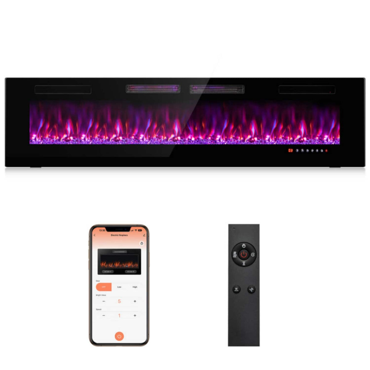 LUCKY ONE - 72 Inch Ultra-Thin Wall Mounted/Recessed Electric Fireplace with Smart Control - Black