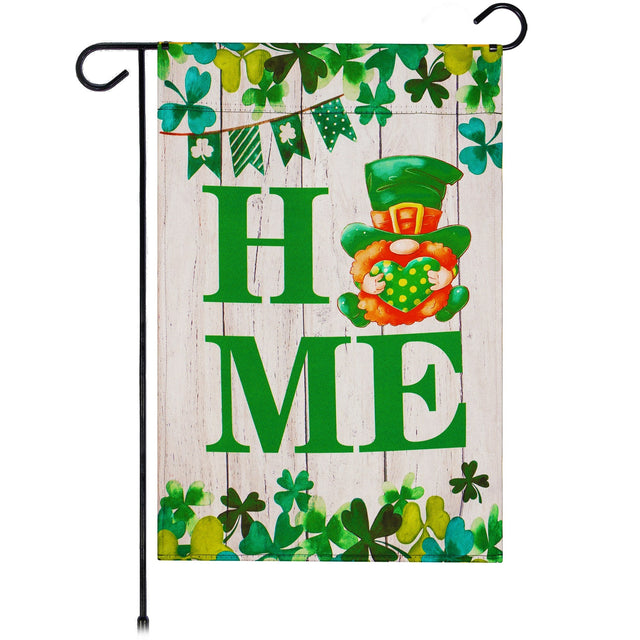 Front. G128 - Garden Flag St. Patrick's Day Gnome with Green Heart, 12 x 18 in Blockout Fabric. - Assorted Colors.