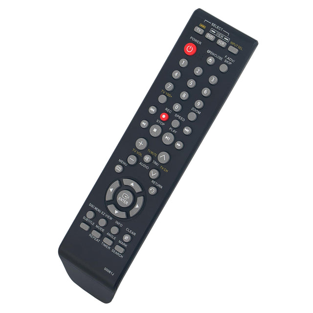 SELECT  
TV VIEW  
POWER  
DID  
VCR  
INPUT SEL  
OPEN/CLOSE  
A F.ADV/1 SKIP  
2 4 3 5 7  
TV 100%  
B g 0 H4  
REC ZOOM SPEED  
4 STOP PLAY  
TV VOL TV MUTE  
MENU AUDIO TRK/FEI TV CH  
RETURN O ENTER  
DISCMENU EZVIEW SUBTITLE INFO MODE CLEAR REPEAT ANGLE TIMER MARK SEARCH  
000513