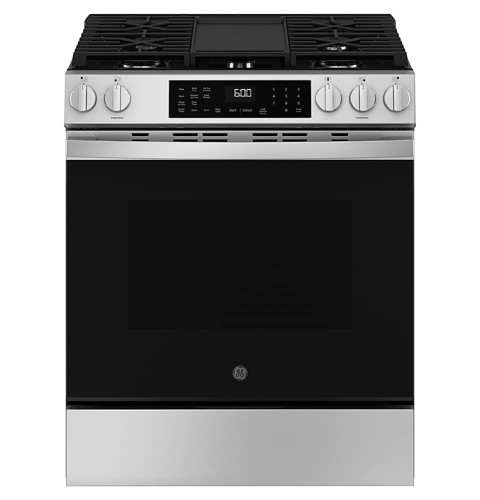GE - 30 in. Wide 5 Burners 5.3 Cu. Ft. Slide-In Gas Convection Range with Steam Cleaning and EasyWash Tray - Stainless Steel