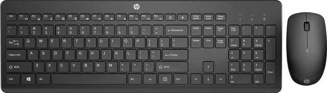 The image shows a black keyboard and mouse on a white background. The keyboard has a HP logo on it, and the mouse is positioned next to it. The keyboard layout includes the usual keys such as the alphabet, numbers, and function keys. Additionally, there are special keys like Home, End, Page Up, and Page Down. The mouse is placed on the right side of the keyboard, ready for use.