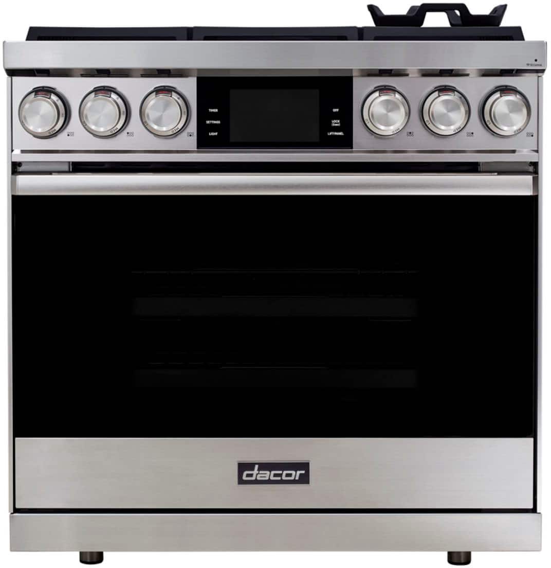 Dacor - 36 in. Wide 6 Burner Contemporary 4.8 Cu. Ft. Slide-In Dual Fuel Four-Part Pure Convection Range with GreenClean - Silver Stainless Steel
