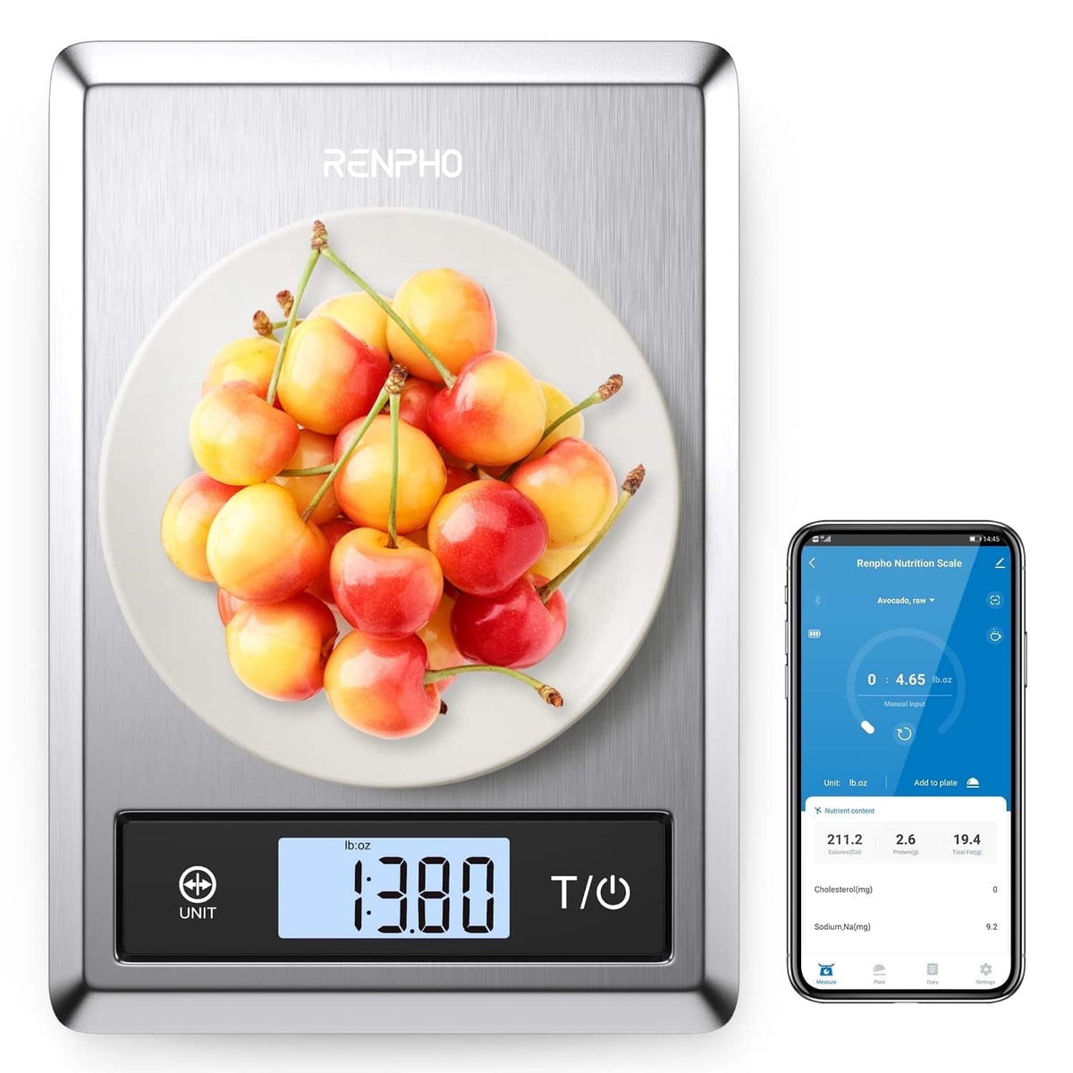 Renpho - Digital Food Scale with Nutritional Calculator, Smart Food Kitchen Scale, Food Weight Scale Grams and Ounces - Silver