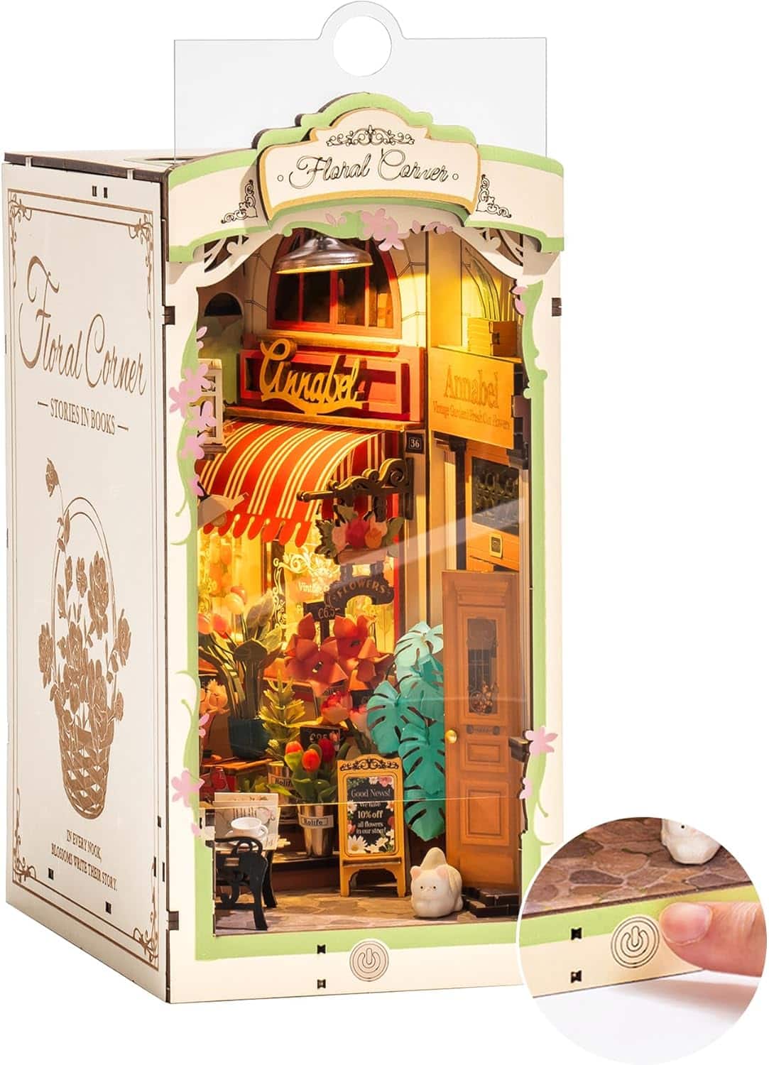 Robotime - Rolife Floral Corner DIY Book Nook Kits for Adults, Miniature Dollhouse Booknook Kit, 3D Wooden Puzzle with LED - Brown