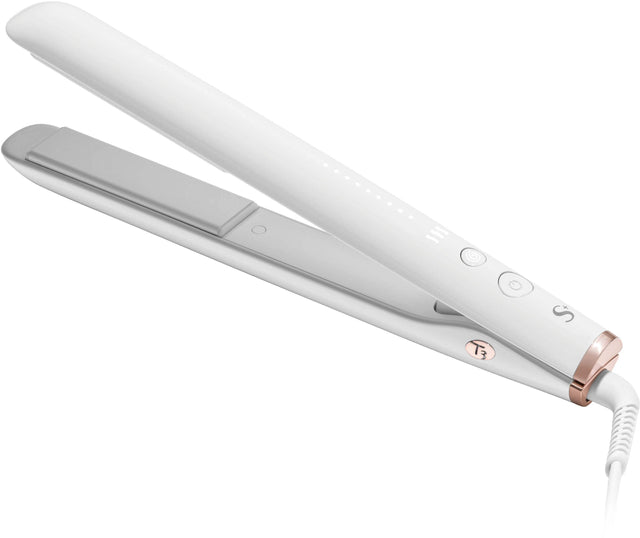 Angle. T3 - SinglePass StyleMax Professional 1" Flat Iron with Custom Heat Automation - White & Rose Gold.
