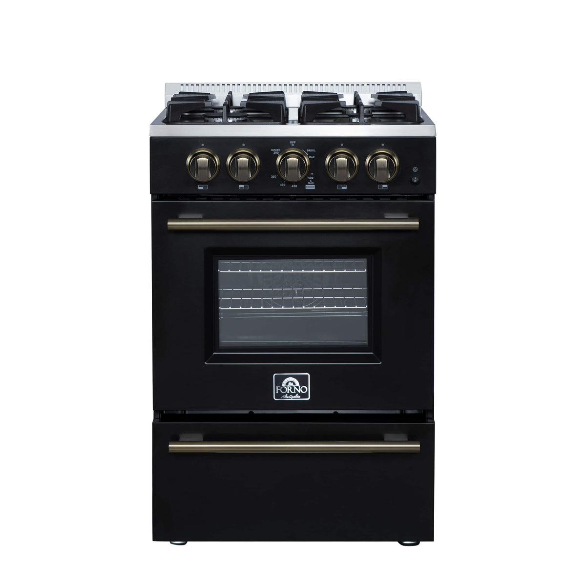 Forno Appliances - 24 in. Wide 4 burner Breno 2.3 Cu. Ft. Freestanding Gas Range with Antique Brass Accents - Black
