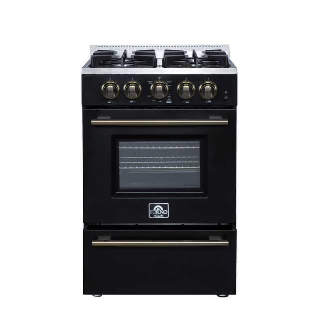 Front. Forno Appliances - 24 in. Wide 4 burner Breno 2.3 Cu. Ft. Freestanding Gas Range with Antique Brass Accents - Black.