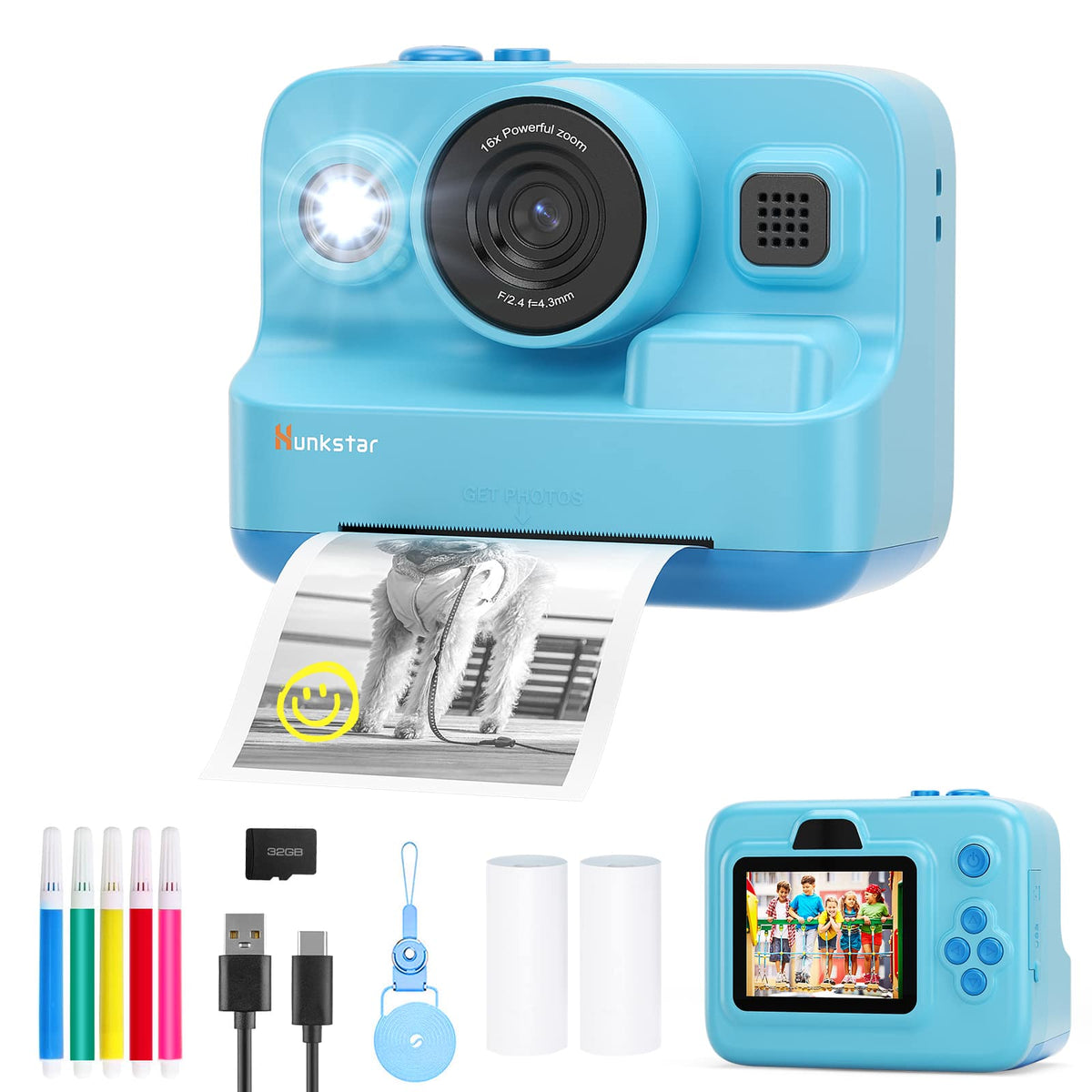 Hunkstar - Kids Camera Instant Print, Dual Lens 1080P HD Camera with 32GB MicroSD Card, Christmas Birthday Gifts for Girls Boys - Blue