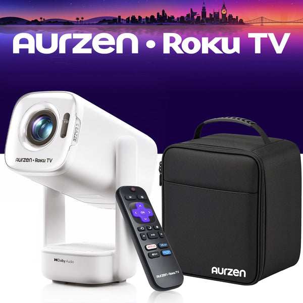 Aurzen - Roku TV Smart Projector with Carrying Case, USB-C Powered, Flexible Stand, Independent Base Speakers, Dolby Audio, 1080P - White