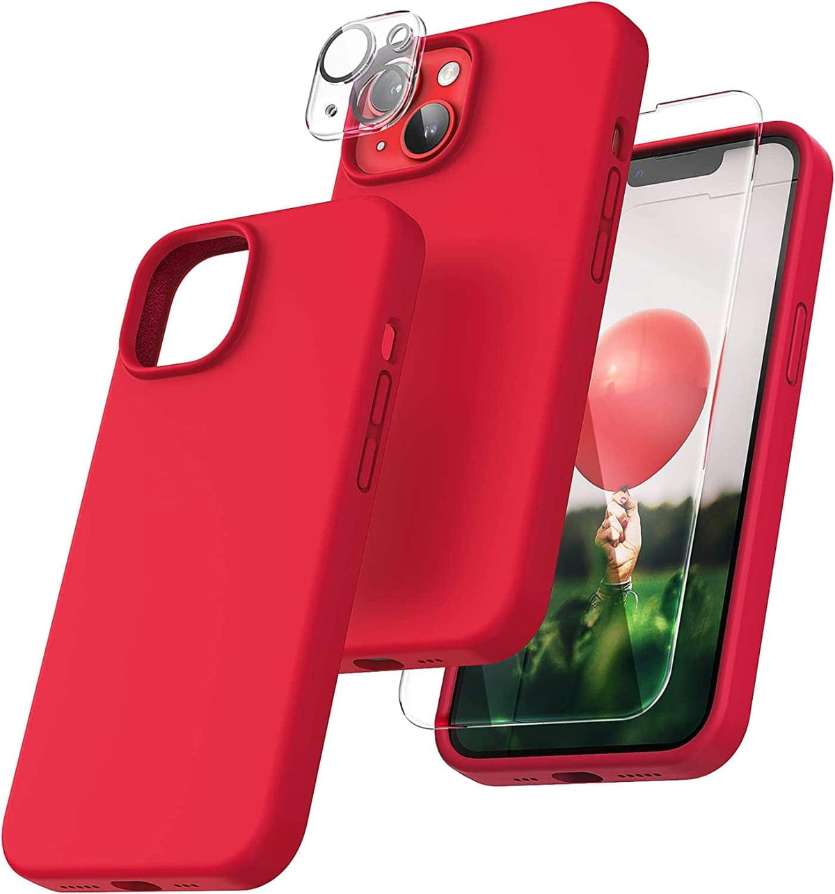 Bundle - Entronix - iPhone 14 Plus - Liquid Silicone Case with Screen & Camera Lens Protectors - Red