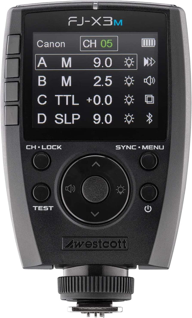 FJ-X3M  
Canon  
CH 05  
A M 9.0  
B M 2.5  
C TTL +0.0  
D SLP 9.0  
CH LOCK  
SYNC MENU  
TEST  
Awestcott