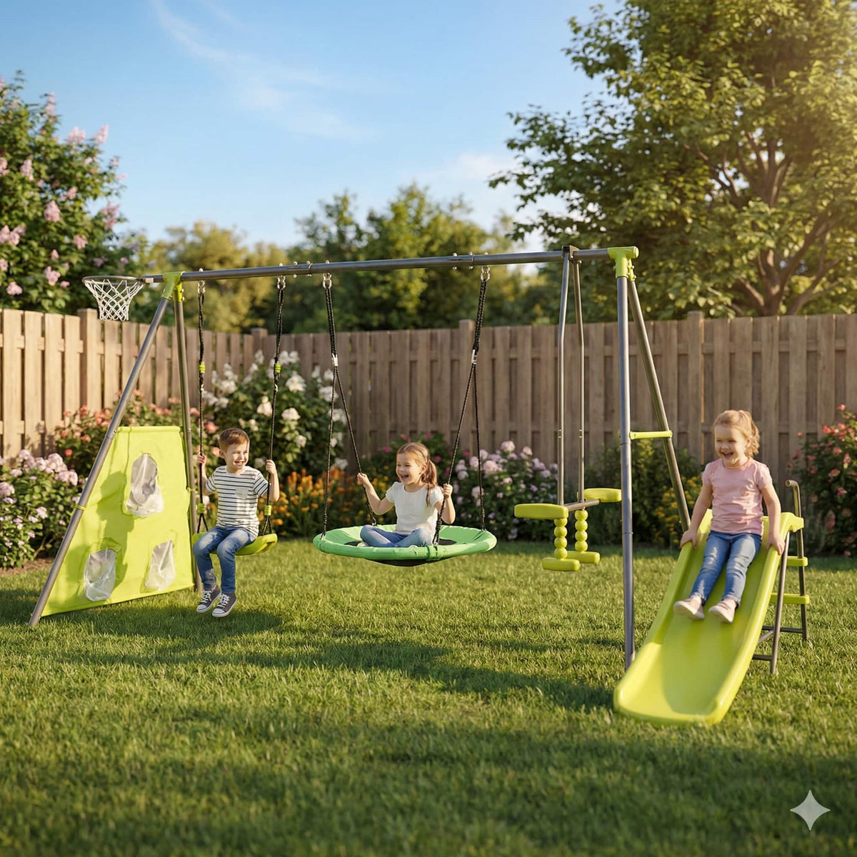Loheer - 12.7 ft Outdoor Swing Set with 31.5 in Net Swing, Mini Slide and Sports Play for Kids - Green