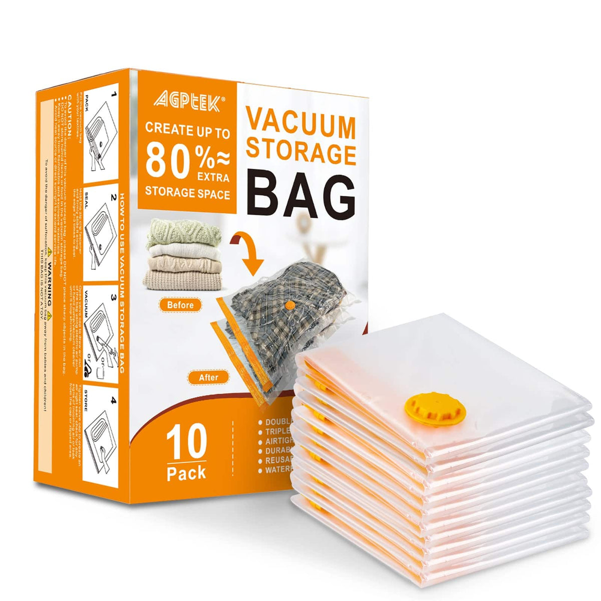 AGPtek - 10 Vacuum Storage Bags for Clothes, Blankets, Comforters, Size L - Clear Orange