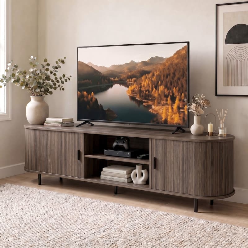 WELLFOR - 71" TV Stand for TVs up to 80", Mid Century Curved Entertainment Center with Fluted Sliding Doors - Walnut