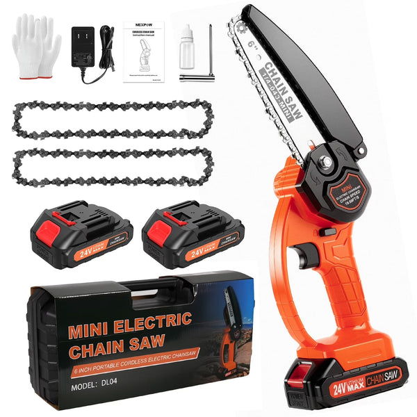 NEXPOW - 6 Inch Cordless Mini Chainsaw 24V Battery Powered Tree Trimmer Wood Cutter 2 Batteries