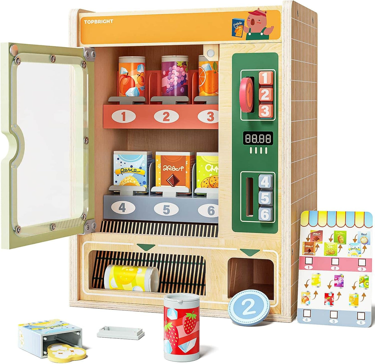 TOPBRIGHT - Wooden Vending Machine Toy with Pretend Snacks, Montessori Pretend Play Set for Kids Ages 3+ - Green