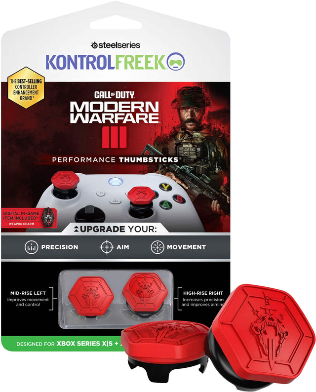 The steelseries KONTROLFREEK Modern Warfare 3 Performance Thumbsticks are designed for the Xbox Series X and include a digital in-game item. These thumbsticks come with a weapon charm and are intended to enhance the gaming experience for Call of Duty: Modern Warfare 3. The thumbsticks are available in two different styles: a mid-rise left thumbstick that improves movement and control, and a high-rise right thumbstick that increases precision and improves aiming.