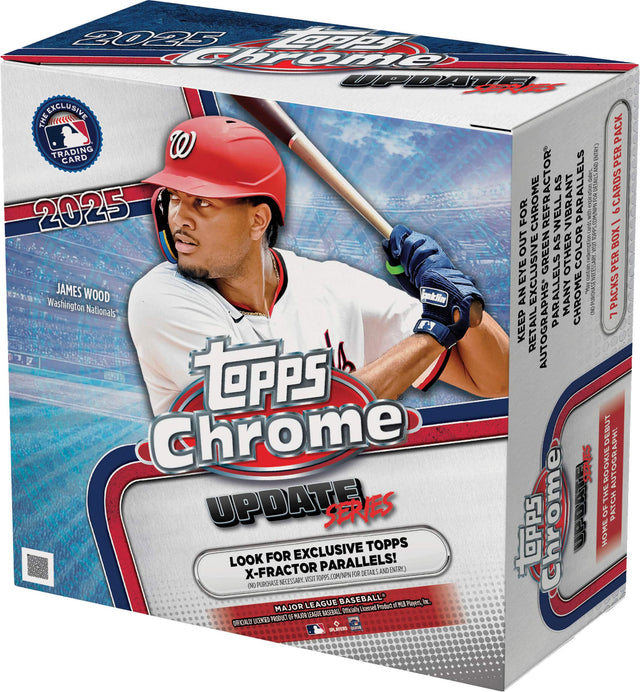 2025 Topps Chrome Update Series

The Exclusive Trading Card

James Wood
Washington Nationals

Look for Exclusive Topps X-Fractor Parallels!

7 Packs per Box! 6 Cards per Pack!

Keep an Eye Out for Exclusive Topps Chrome Parallels!

Major League Baseball Product

Officially Licensed Product of Major League Baseball

Topps Home Update

Home of the Roman Graphic Autograph!

Patch of the Roman Graphic Autograph!

7 Packs per Box! 6 Cards per Pack!

Keep an Eye Out for Exclusive Topps Chrome Parallels!

Major Le
