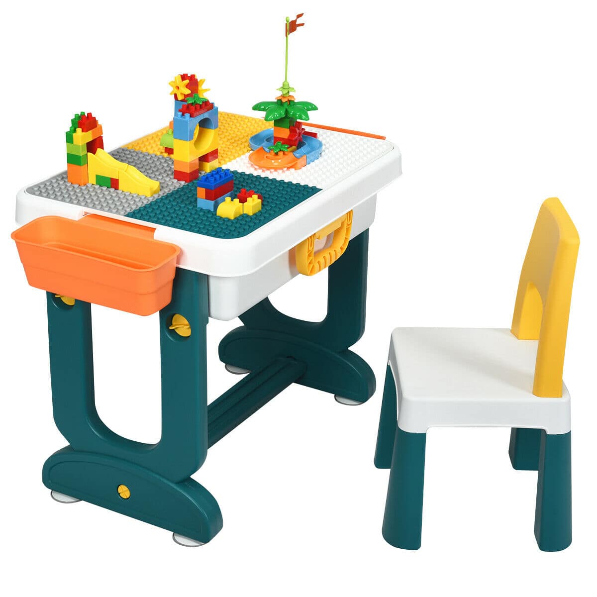 Costway - 5 in 1 Kids Activity Table Set w/ Chair Toddler Luggage Building Block Table - Yellow + Orange + Turquoise + Gray + White