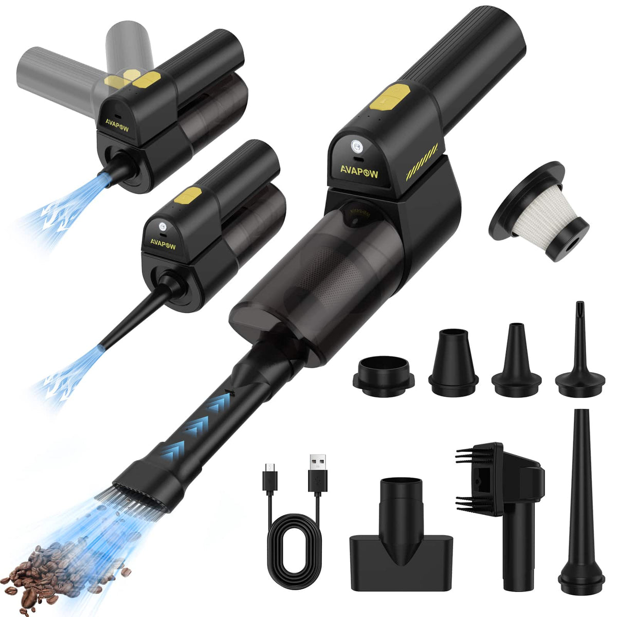 AVAPOW - Car Vacuum Cordless 2 in 1 Handheld Vacuum and Air Duster Portable Mini Cleaner 18000PA - Black