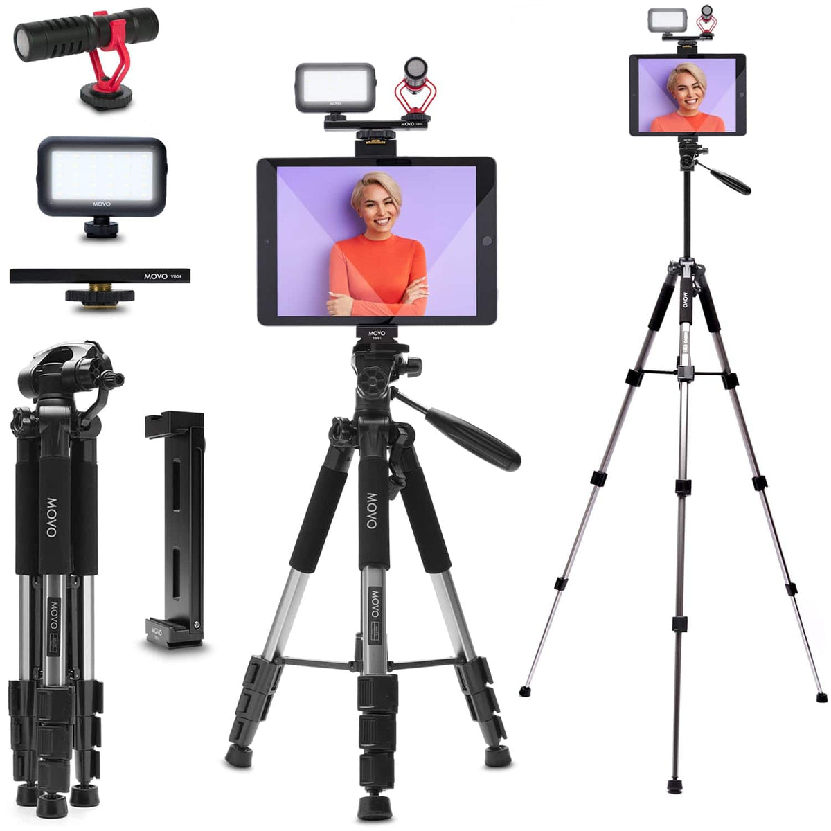 MOVO - Tablet Vlogging Kit for iPad Pro, Air, Mini and Android Tablets - Full-Size Tripod, Mic, LED Light and Tablet