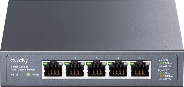 Cudy 5-Port 2.5Gbps Multi-Gigabit Switch HS105 Power 1 2 3 4 5 Left LED 2.5Gbps Activity Right LED 1Gbps 100Mbps Activity