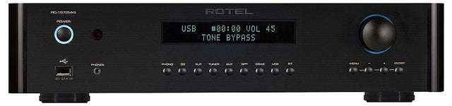 RC-1572MKI ROTEL POWER USB 00:00 VOL 45 TONE BYPASS PHONES PHONO XLR TUNER AUX OPT COAX USB BT MENU ENTER