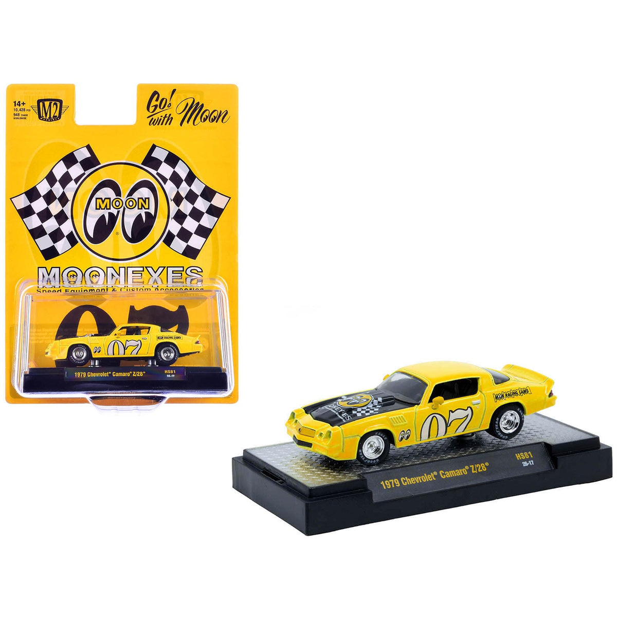 1979 Chevrolet Camaro Z/28 "MoonEyes" Yellow with Black Hood and Graphics Limited Ed 1/64 Car by M2 Machines