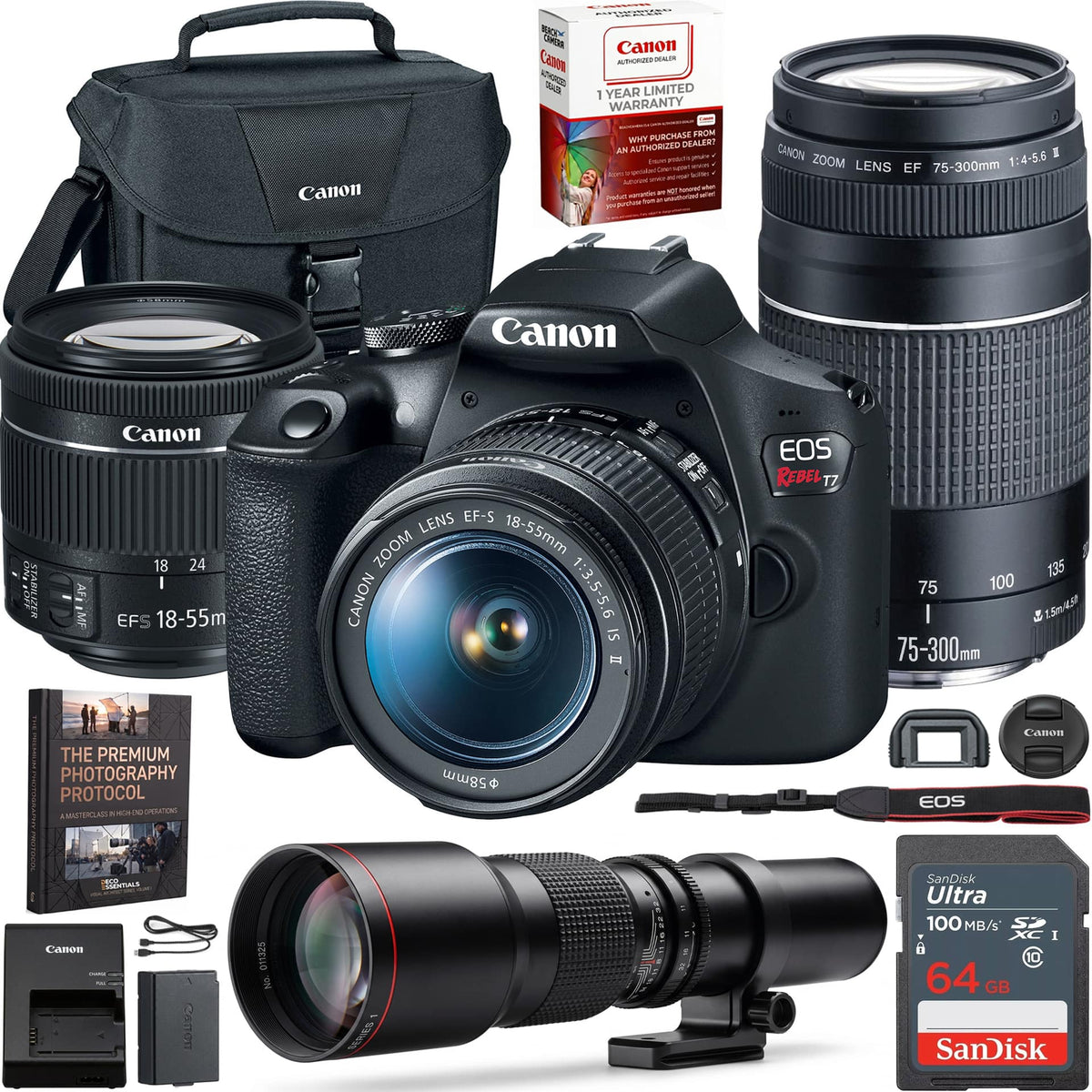 Bundle - Canon - EOS Rebel T7 DSLR Camera w/ 18-55mm II + 75-300mm III Dual Lens Kit Pro Accessory - Black
