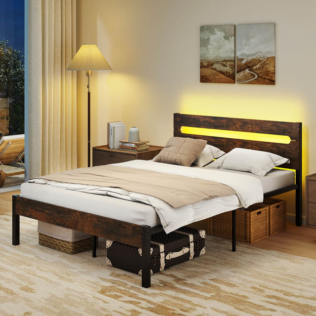 Front. Costway - Costway Full Size Bed Frame with Built-in Charging Station Sturdy Mattress Foundation - Walnut + Black.