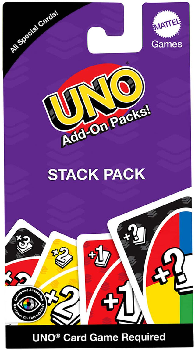 UNO® Add-On Packs!  
STACK PACK  

All Special Cards!  

Colorblind Accessible  
Geeignet für Farbenblinds  

UNO® Card Game Required  

©MATTEL Games
