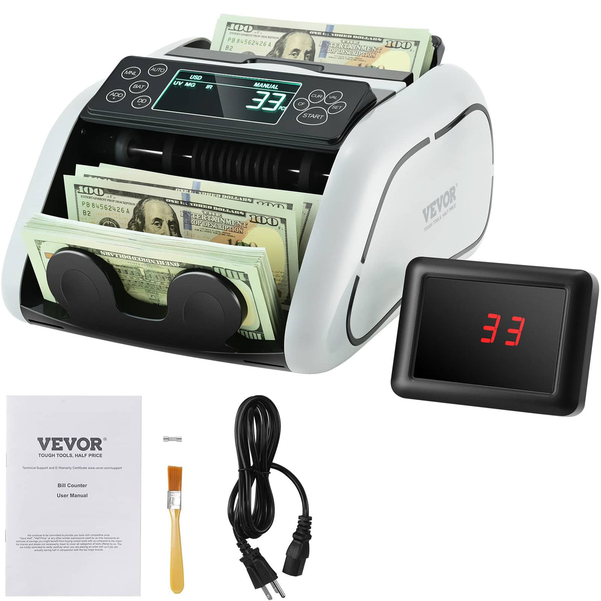 VEVOR - Money Counter Machine, Bill Counter with UV, MG, IR & DD Counterfeit Detection, USD & EUR Cash Counting Machine - Gray, white